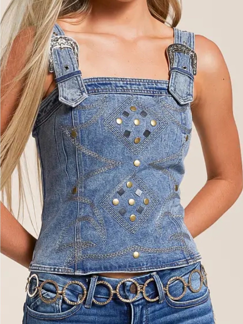 Light Blue Denim Embellished Strap Tank Top